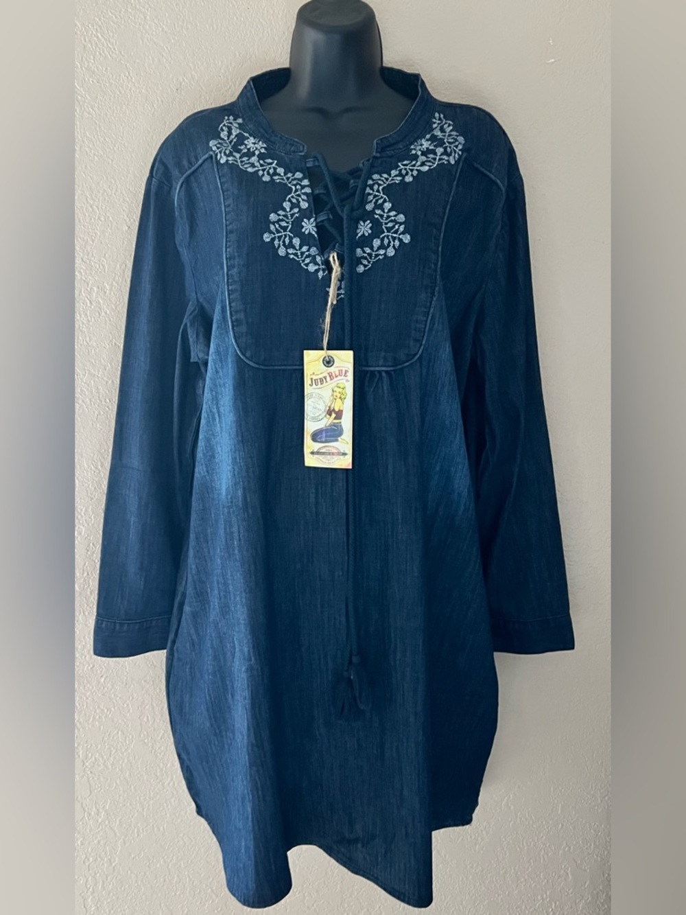 Judy Blue Denim Dress 2XL Embroidered Floral Boho Tunic Tassel Tie Pockets NWT